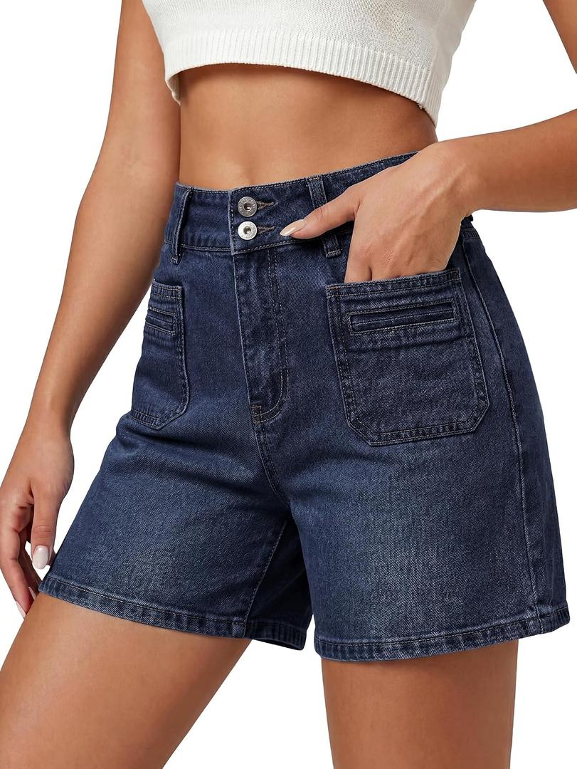 EMMIOL Bermuda Jean Shorts for Women Long Knee Length High Waisted Stretchy Cotton Jorts with Pockets Denim Summer Clean Fit (Black)