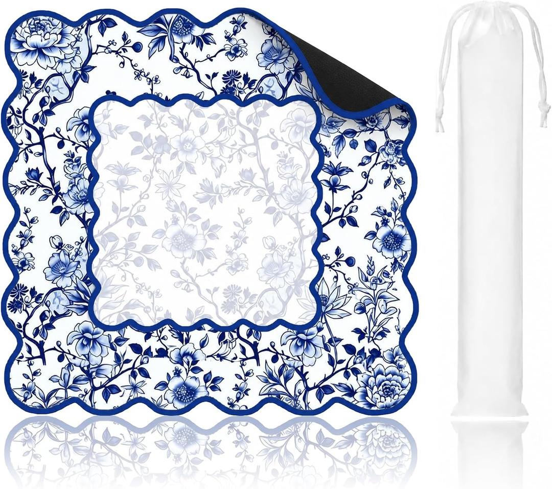Chinoiserie Flower Mahjong Mat Floral 31.5” x 31.5” with Carrying Bag, Anti-Slip, Noise-Reducing Table Cover for Mahjong, Poker, Board Games, Dominoes, and Card Games