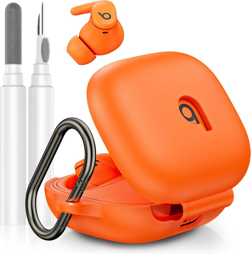 Compatible with Beats Powerbeats Fit Case Cover, Soft Silicone Shockproof Protective Skin Case for Powerbeats Fit Earbuds 2025 with Cleaner Kit & Carabiner, Top Logo Visible (Orange)