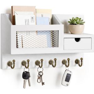FifthQuarter Key and Mail Holder for Wall, Mail Organizer Wall Mount with 6 Hooks and Storage Drawer, Easy Installation Key Rack for Entryway and Home Decor (B-White)