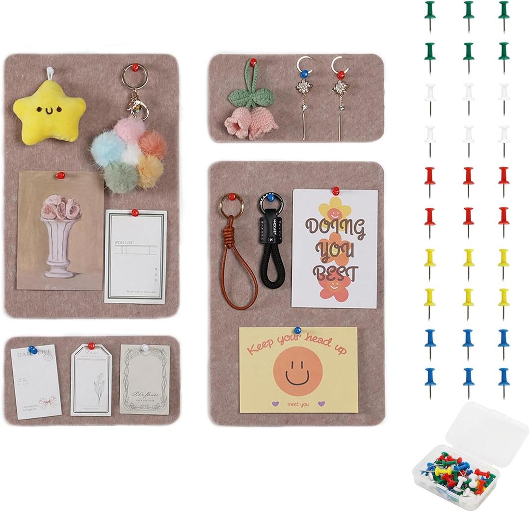 Pretty Jolly 4 pcs Felt Pin Boards DIY Bulletin Board for Walls Home Office Decor Self-Adhesive Felt Cork Board Strips Wall Decoration Memo Notice Board with 30 Pushpins_Style 3_Camel Brown