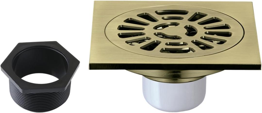 4" Brass Square Grid Shower Drain with Hair Strainer, Antique Brass