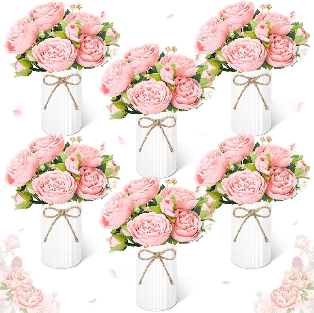 Domensi 6 Sets Wedding Floral Centerpiece for Table Decor, Artificial Peonies Silk Flowers Bouquet with Flower Foam and Metal Vase Faux Floral Arrangement for Bridal Shower Tea Party (Light Pink)