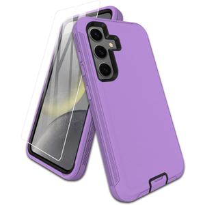 for Samsung Galaxy S24 Case, with Screen Protector, Port Protection, Full-Body Non-Slip Silicone Rubber Covered, 3-Layer Combo Drop-Proof Cover Phone Case for S24 5G(2024), Black/Purple