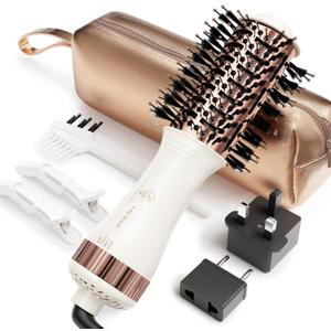 Travel Blow Dryer Brush in one, Dual Voltage 110V-240V Mini Hot Air Brush, Hair Trends Nano Titanium 2 Inch One Step Hair Dryer and Styler Volumizer Oval Shape (50 mm, White & Rose Gold)