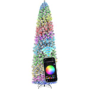 HOLLO STAR 9 ft Flocked Prelit Christmas Tree with 546 LED Lights, App Control, Skinny Artificial Pencil Christmas Tree, Multi-Color RGBW Lights, 1294 Branch Tips, for Small Space, Home, Party
