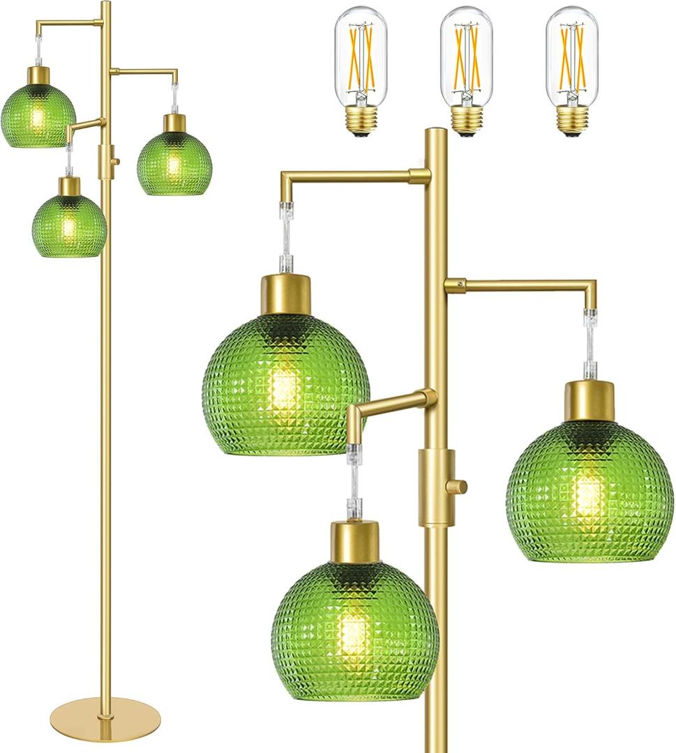 Duoled Modern Floor Lamp with Shade, Dimmable Standing Lamp for Living Room, 3 Lights Tree Lamp with Green Glass Shade, Tall Lamps for Bedroom with 3 x 600LM Bulb