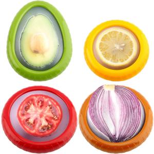 Avocado Saver and Tomato Holder - Set of 4 Reusable Storage Containers for Fridge - Ideal for Garlic, Onions, Lemons, and Potatoes (Red, brown, Green, Yellow)