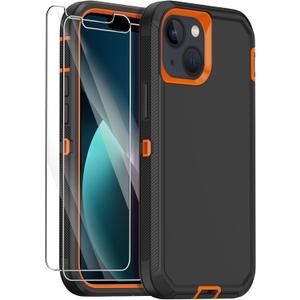 Annymall for iPhone 13 Case with 2 Screen Protector,Shockproof Drop Protection Full Body Heavy Duty 3 Layer Military Rugged Durable Phone Cover for Apple iPhone 13 6.1" (Black Orange)