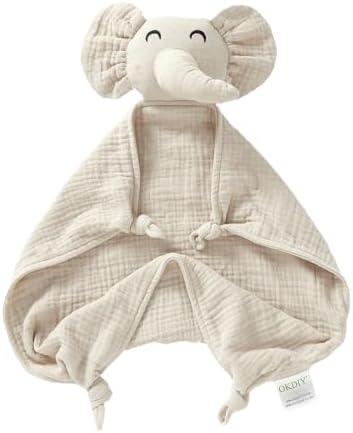 okdiy Organic Elephant Lovey, Muslin Security Blanket for Babies, Elephant Baby Stuffed Animal, Snuggle Toy, Gift for Boys and Girls (Khaki)