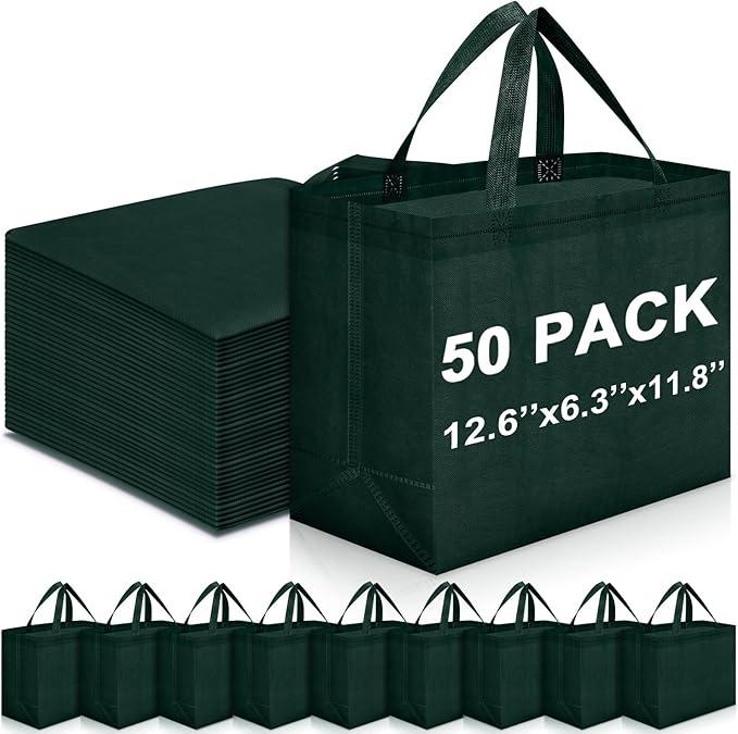 Windyun Reusable Grocery Bags Large Non Woven Shopping Bags with Handles Foldable Portable Tote Bulk, 12.6 x 11.8 x 6.3 Inch(Dark Green,50 Pcs)