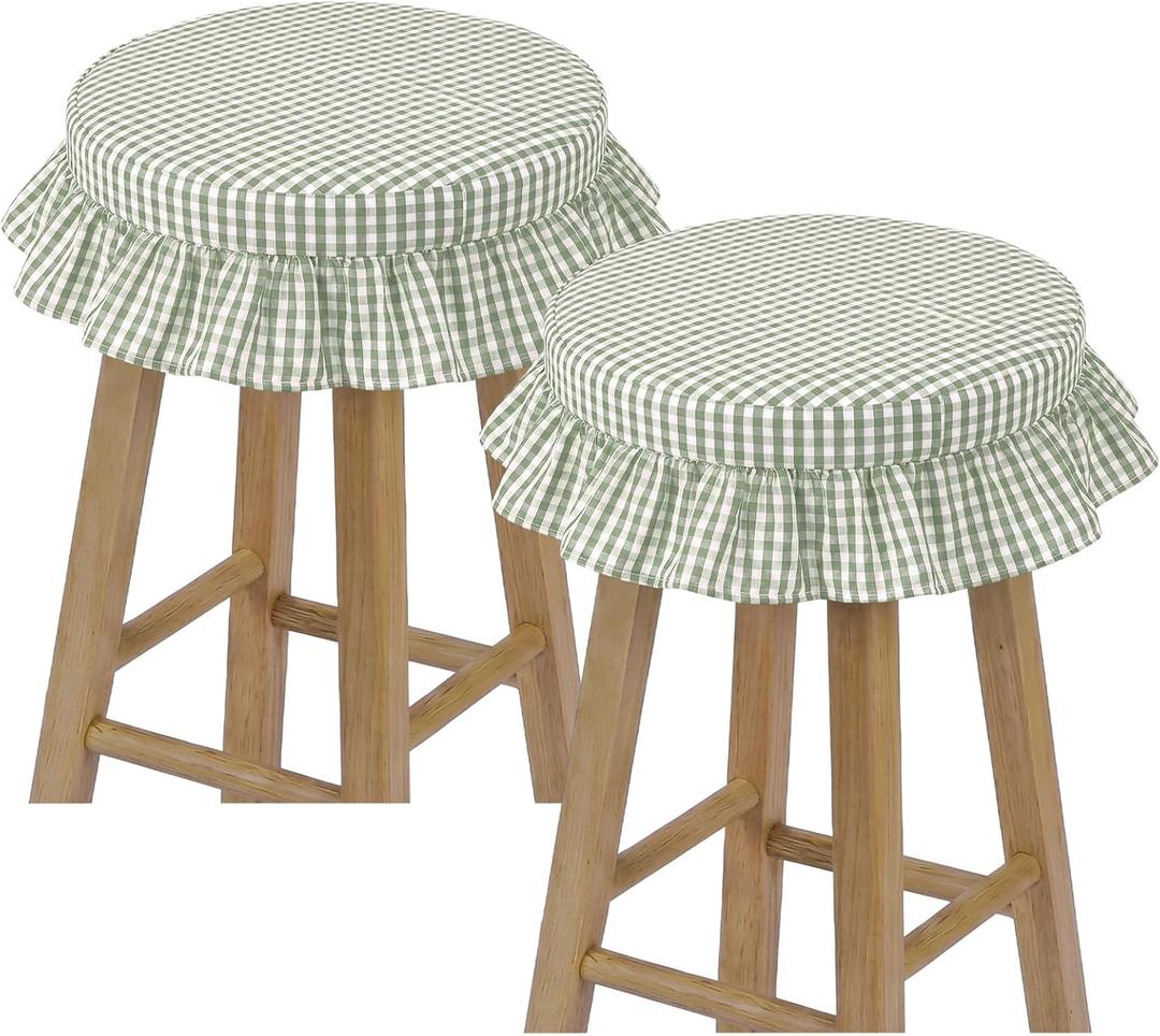 2 Pcs Bar Stool Covers with Ruffles 12 Inch Round Stool Cover with Elastic Band Pad Farmhouse Seat Slipcover Nonslip and Washable(Green,Gingham)