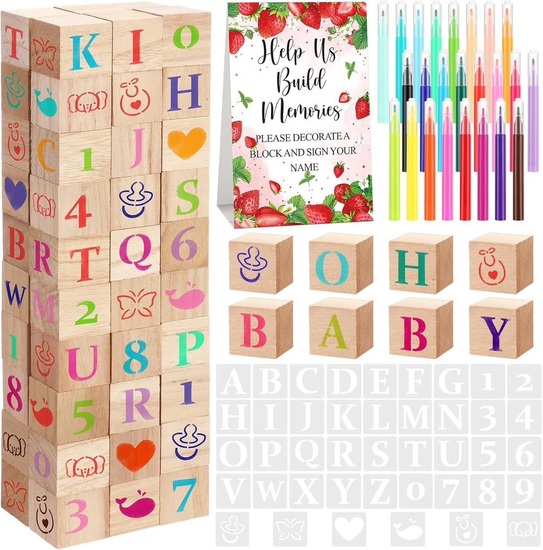147 Pcs Baby Shower Blocks Games Sets, 80 DIY Blank Wooden Block 42 Stencils 24 Watercolor Marker 1 Decorate a Block Game Sign for Gender Reveal Baby Shower Party Supplies(Strawberry)