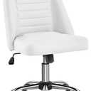 Yaheetech Mid Back PU Leather Armless Desk Office Chair, Modern Vanity Chair with Rolling Wheels, Metal Base White