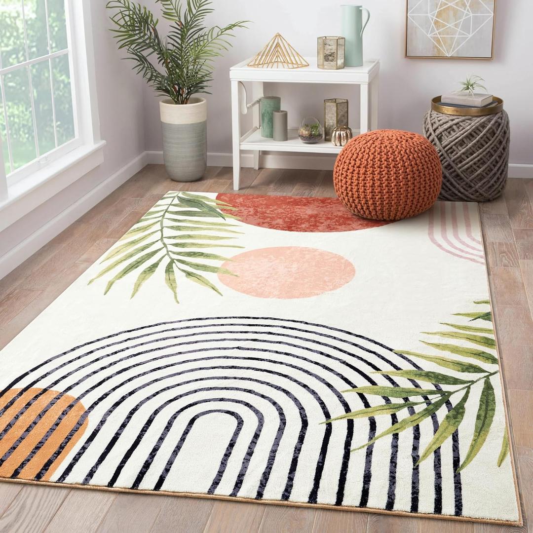 RoomTalks Mid Century Modern Washable Rug, Boho Cute Aesthetic 5x7 Area Rugs for Bedroom Dining Living Room Kitchen, Abstract Tropical Leaves Non Slip Thin Indoor Entryway Rug Accent Floor Carpet (Terracotta and Black)