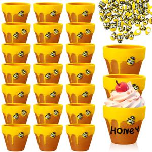 Yungyan 24 Pack Mini Honey Bee Pots with Bee Charms for Cupcake Planter Ceramic Honey Jars for Baby Shower Guests Wedding 1st Birthday Party Favors (Classic Style)