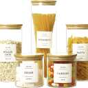 HHMJSM 5 Pcs Glass Food Storage Containers With 132 Pantry Labels Preprinted - Thicken(3mm) Jars Airtight Bamboo Lid Stackable Kitchen Canisters Set For Candy, Cookie, Rice, Sugar, Flour