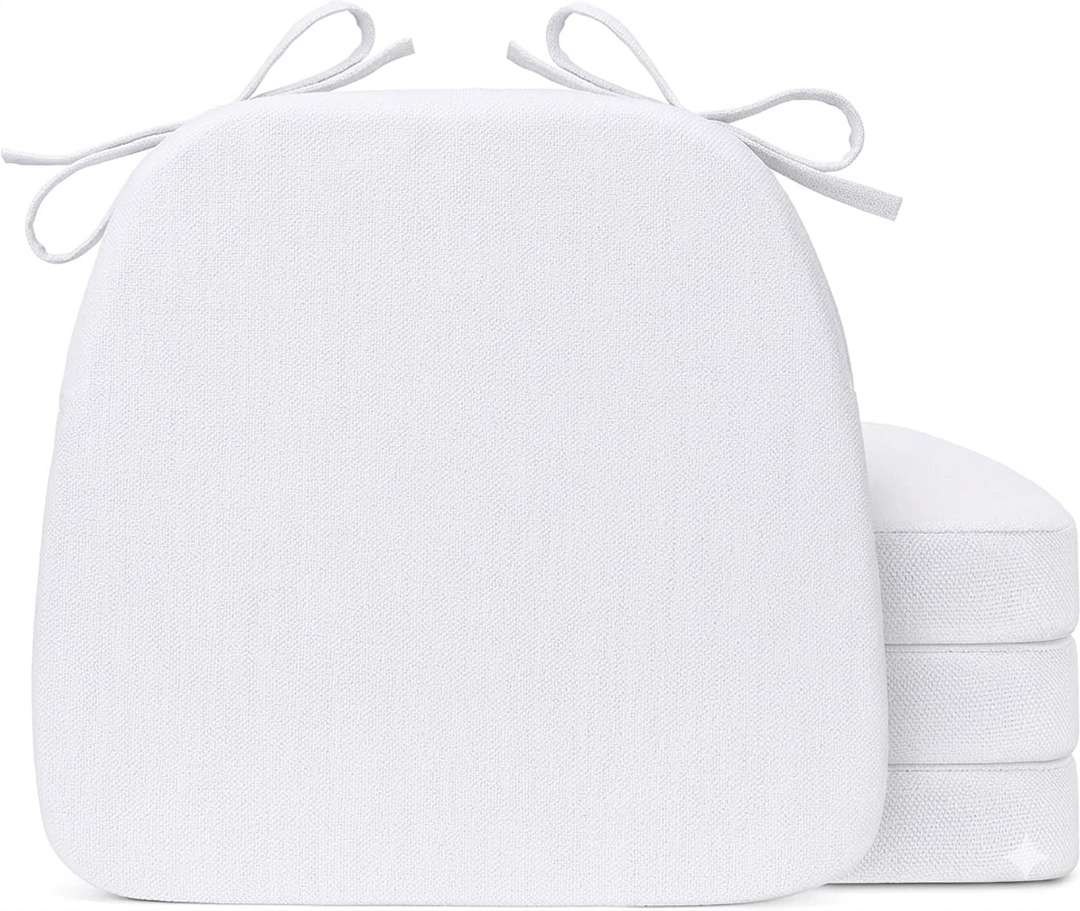 Sunsleek Chair Cushions for Dining Chairs, D-Shaped Seat Cushions with Removable Washable Cover and Ties, Chair Pads for Kitchen, Indoor Dining Room, Patio Chairs, 17'' x 16'', Set of 4, White