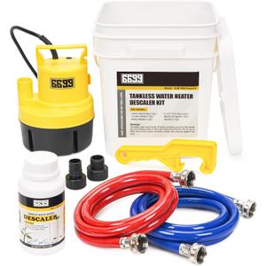 Tankless Water Heater Flushing Kit Includes 1500GPH Submersible Sump Pump with Two Adapters & Cleaner & 3 Gallons Pail with Bucket Lid Opener & Two 1/2” Dia X 6' Hoses SUB 1500 Flush Kit