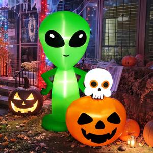 CAMULAND 6.8FT Halloween Inflatable Alien with Pumpkin Decorations Halloween Inflatable Blow Up Decor with Built-in LED Lights Outdoor Inflatable Decoration for Garden, Lawn, Yard