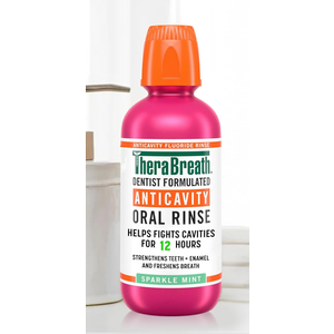 TheraBreath Anticavity Fluoride Oral Rinse Mouthwash, Fights Cavities, Strengthens Enamel and Freshens Breath, DentistFormulated, AlcoholFree, Sparkle Mint Flavor, 16 fl oz