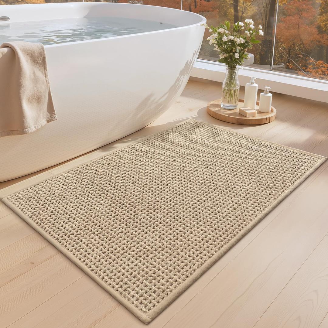 Color&Geometry Rubber Backed Waffle Bath Mat 30x17, Non Slip Machine Washable Bathroom Rugs, Soft Absorbent Chenille Boho Carpet for Bathroom Floor, Tub and Shower, Beige