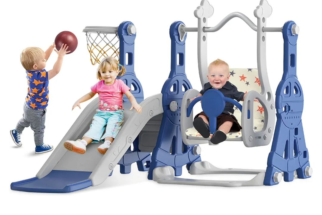 BIERUM 4 in 1 Toddler Slide and Swing Set, Baby Slide for Toddlers Age 1-2, with Basketball Hoop, Indoor Outdoor Toddler Playset Blue