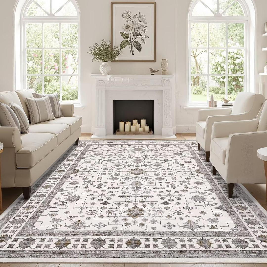 GarveeHome Beige Brown Area Rug 8x10 Washable Living Room Vintage Rug