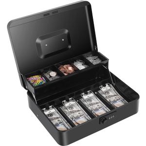Cash Box with Money Tray and Combination Lock, Large Money Box for Cash Regiser, Safe Lock Box for Money Saving Metal 11.8"x9.45"x3.54" Black, XL 
