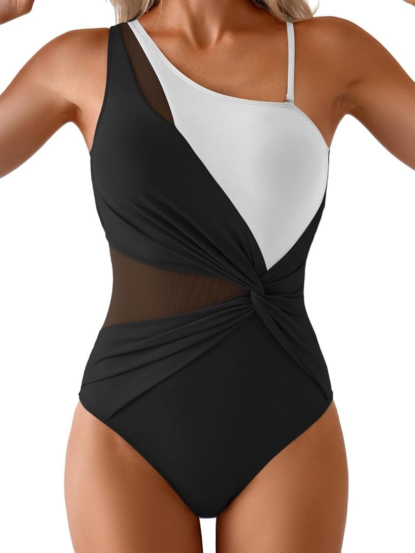 One Shoulder One Piece Swimsuit for Women Mesh Tummy Control Bathing Suit Twist Swimwear with Removable Strap (X-Large, Black and White)
