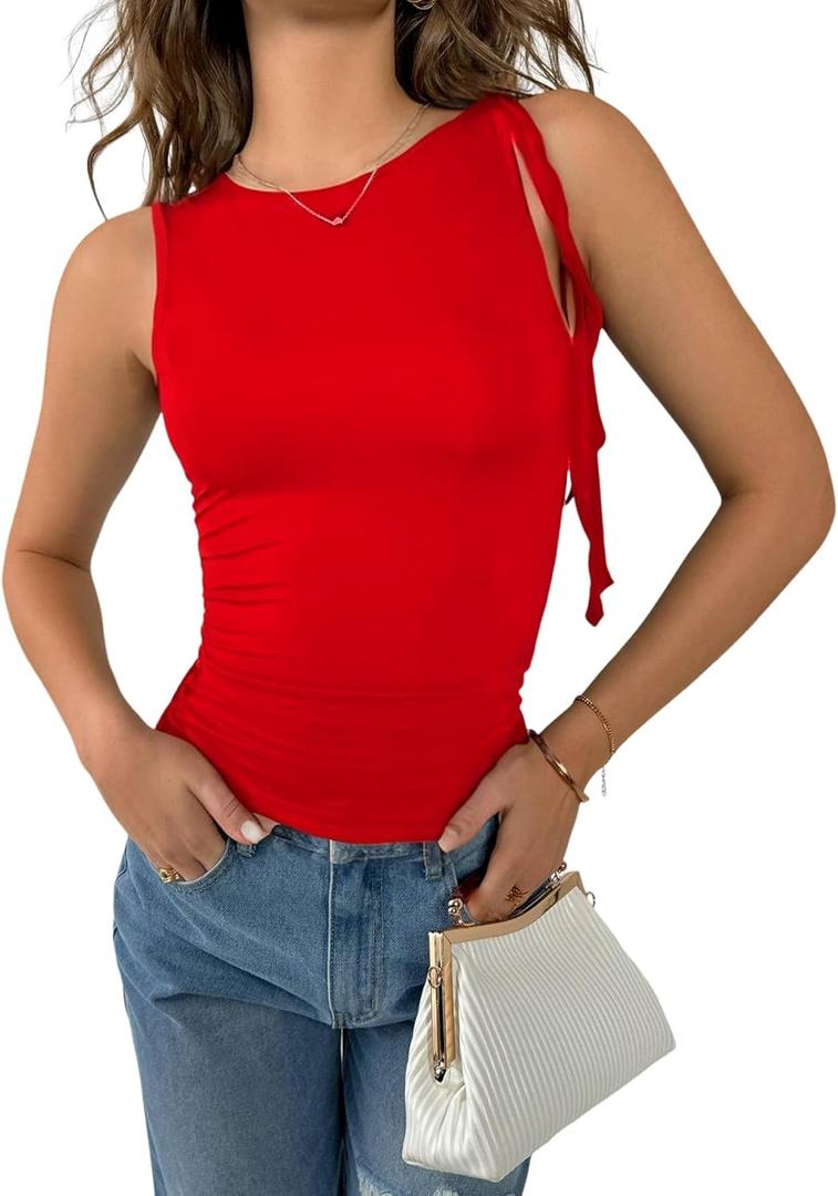 Milumia Women's Ruched Knotted Tank Top Y2k Sleeveless Lettuce Trim Fitted Tops (Red, XL)