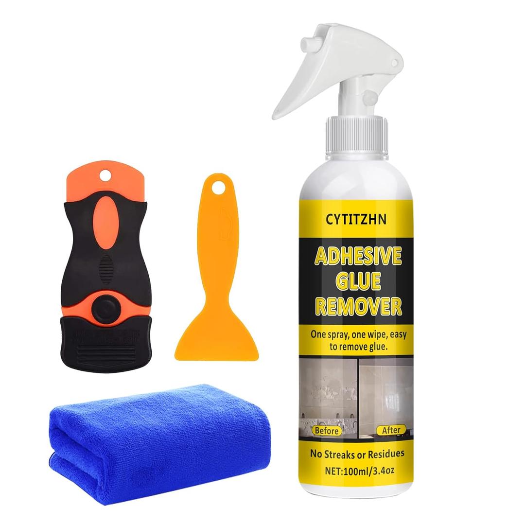 Adhesive Remover - Powerful Sticker & Glue Remover Spray for Cars, Removes Labels, Stickers, Decals, Tape Residue from Car Glass, Paint & Windows with Scraper, Razor Blades, and Towel - 3.4oz/100ml
