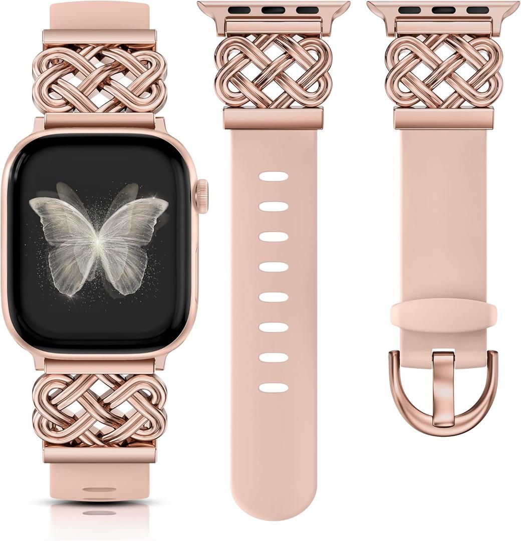Minyee Celtic Knot Silicone Band Compatible with Apple Watch Band for Women 38/40/41/42mm(Series 11/10), Dressy Thin Soft Silicone Stylish Sport Strap for iWatch Series 11 10 9 8 7 6 5 4 Ultra/SE 3 2 1 (Sand Pink/Rose Gold)