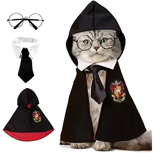 NIULA Cat Halloween Costume - Pet Wizard Costumes Mantle Magician Cosplay Clothes with Bowtie & Glasses Set, Festival Party Apparel for Small Pets Cats Dogs Medium
