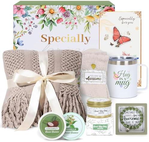 Valentines Day Gifts for Her - Spa Gift Box with Candle, Cozy Blanket, Tumbler & Bracelet - Romantic Self Care Package for Wife, Girlfriend - Birthday, Thinking of You