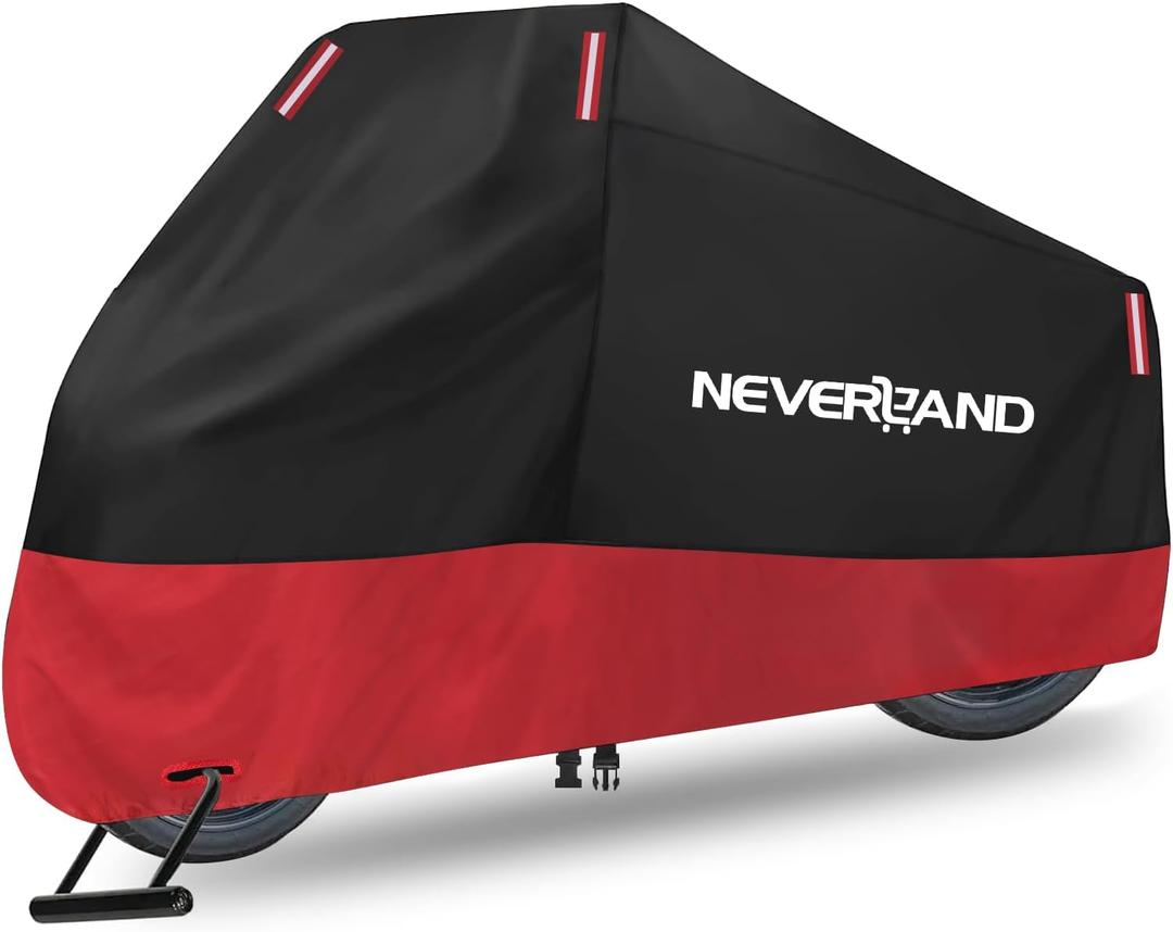 NEVERLAND Motorcycle Cover Waterproof Outdoor, 300D Motorcycle Cover Heavy Duty Outdoor All Season Protection, Universal Motorbike Cover with Night Reflective, Lock-Holes, Storage Bag (Up to 86")