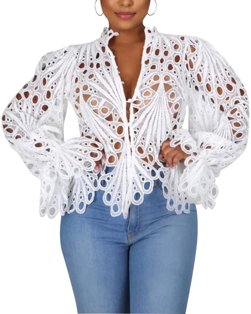 Womens Sexy Lace Long Sleeve Ruffled Tops Cute Puff Flare Blouses V Neck Hollow Out Button Down Shirt Tunic (XX-Large, W1)