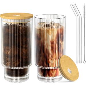 Glass Cups with Lid and Straw 2 Set, 16OZ Drinking Glasses for Whiskey Cocktail Beer, Glassware Set for Gift (2 SET)