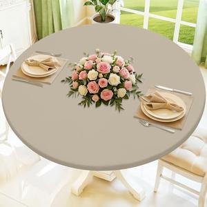 Moosfor Round Spandex Tablecloth, Elastic Fitted Waterproof Tablecloths for 45"-56" Tables, Stretch Washable Picnic Table Cover for Camping, Dining, Indoor and Outdoor, Taupe