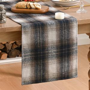 Artoid Mode Dark Blue Brown Farmhouse Plaid Table Runner,Winter Rustic Holiday Check Kitchen Dining Table Decoration for Home Party Decor 13x36 Inch