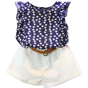 Baby Toddler Girls Summer Outfits 2-7 Years Kids Flower Print T-Shirt Sleeveless Top Belt Shorts Pants Set (Blue)