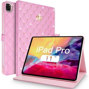 for iPad Pro 11 inch Case, Cute Crown Bling Diamond PU Leather Smart Auto Sleep/Wake Stand Shockproof Cover for iPad Pro 11 Inch (Pink)
