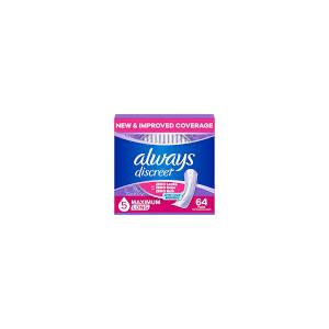Always Discreet Adult Incontinence Pads for Women, Drier, 5 Drop Long Length, Heavy Absorbency, Pads for Bladder Control Management, Bladder Leaks, & Postpartum Pads, 64ct
