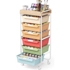 Rolling Storage Utility Cart with 6 Drawers,Art Supply Craft Organizer,Sewing Makeup Organizer and Storage,Office Organization Wooden Tabletop,Dark Tangerine Watermelon