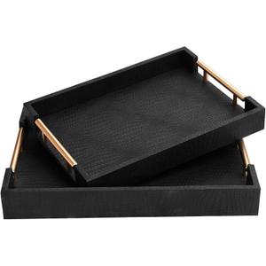 2 Piece Woven Leather Ottoman Tray with Gold Handles, Perfect Rectangular Serving Tray for Living Room, Coffee Table Tray as Thoughtful Gift for Home Decor Enthusiasts (Black)