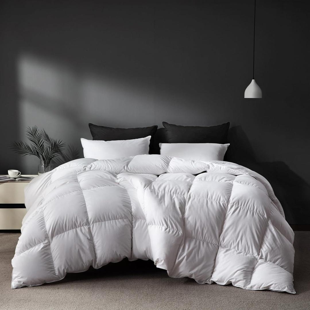 White Goose Feather Down Comforter Queen Size, Premium All Season Duvet Insert, 750 Fill Power 1200TC Cotton Blend Fabric Hotel Style Bedding Comforter, 42 Oz Lightweight (90x90,White)