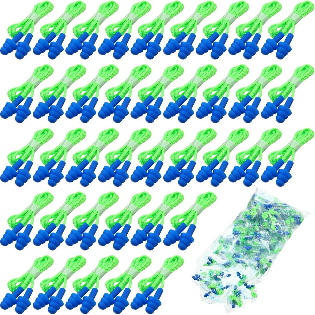 Tondiamo 200 Pairs Ear Plugs Reusable Silicone Earplugs with Cord Sleeping Individually Wrapped Hearing Protection Noise Cancelling Earplugs for Work Construction Shooting Sports(Blue, Green)