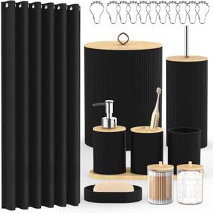 Bathroom Accessories Set 22 Pcs, Complete Bathroom Decor Set with Shower Curtain, Hooks, Waste Bin, Soap Dispenser, Toothbrush Holder, Black Bathroom Accessory Kit for Home Decor