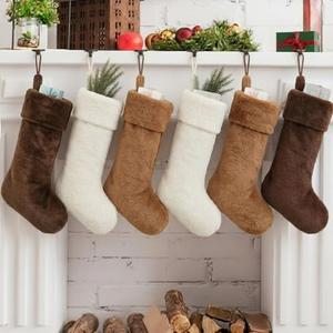 Jamntower 6 Pack 18 Inch Neutral Christmas Stockings Rustic Brown Tan Beige Fur Stocking Ornaments Soft Plush Farmhouse Stockings for Christmas Tree Fireplace Family Holiday Party Decoration