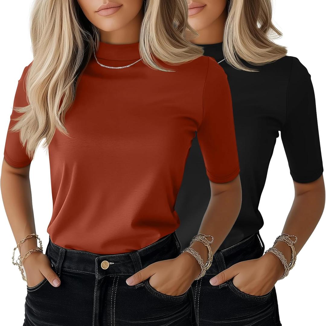Ficerd 2 Pack Women's Mock Turtleneck T Shirts, Half Sleeve Business Casual Tunic Tops Slim Fit Summer Basic Dressy Tee Shirt (Medium, Black/Pumpkin)